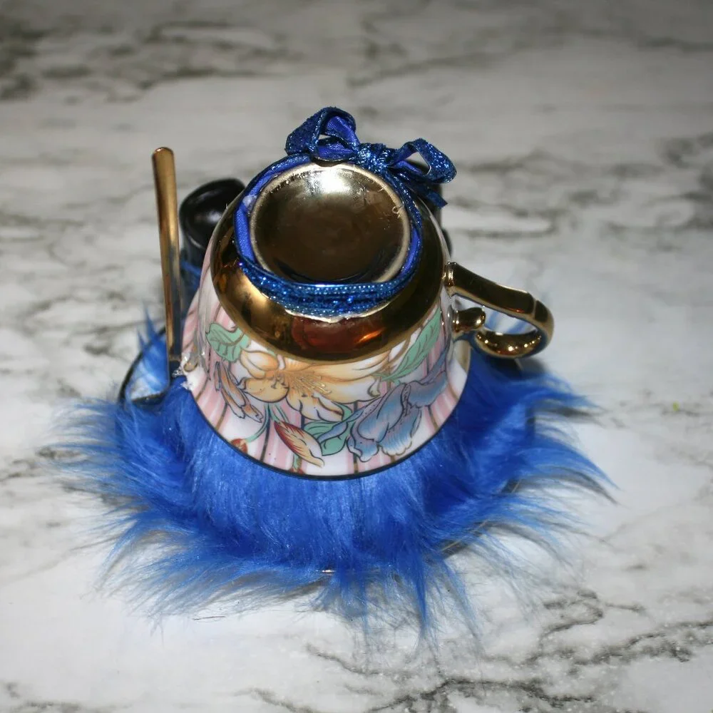 HAND CRAFTED Gnome Tea Cup and Saucer Set Floral Metallic Home Decor Blue